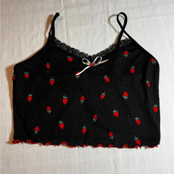 Black & Strawberry Bralette Women's Medium Delicate Lace Comfort Romantic Cute - Picture 4 of 6